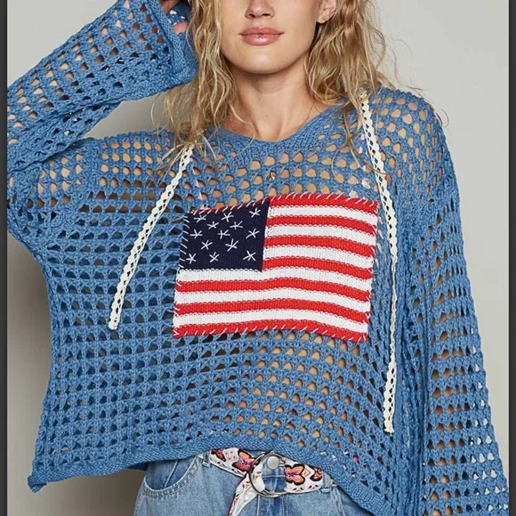 OD23-POL American Flag Crochet Hooded Sweater - Picture 5 of 8